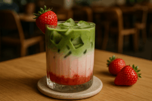 Illustration af jordbær matcha