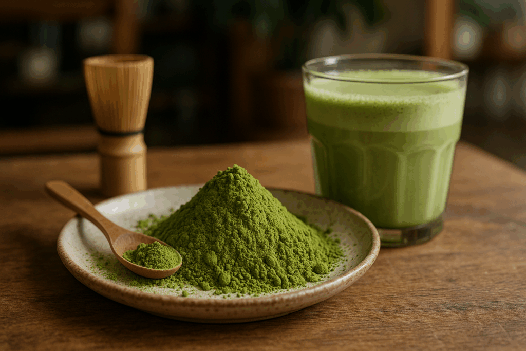 Illustration af matcha grøn te pulver