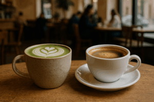Illustration af matcha vs kaffe