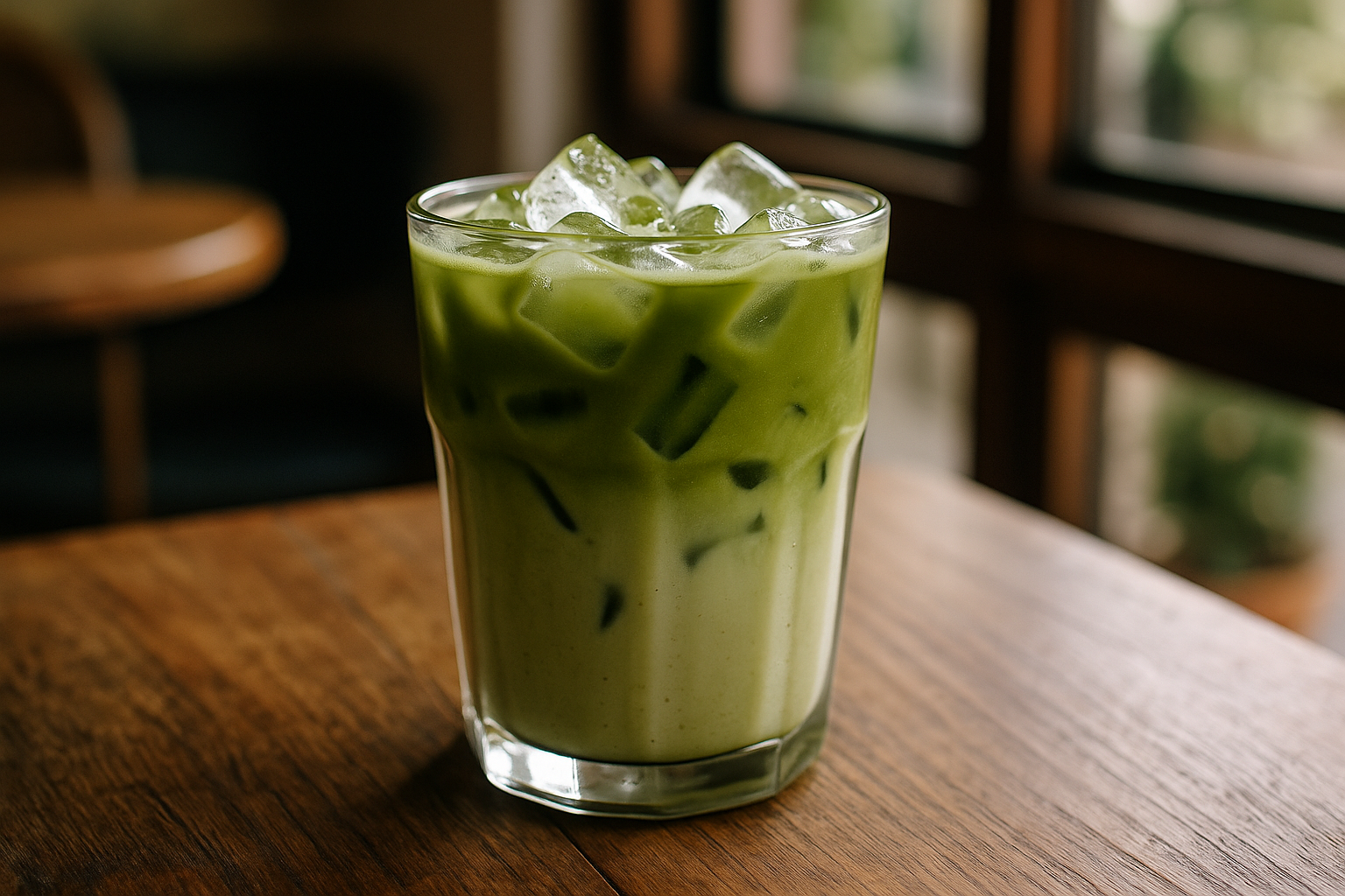 Illustration af iced matcha latte uden sukker