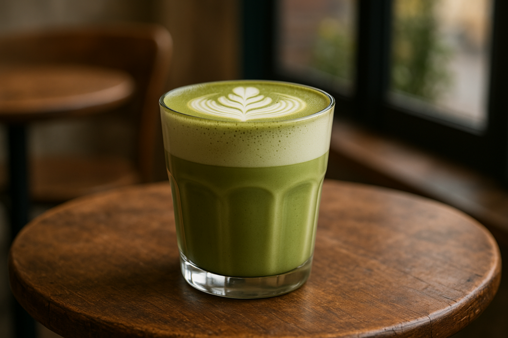 Illustration af matcha latte med havremælk