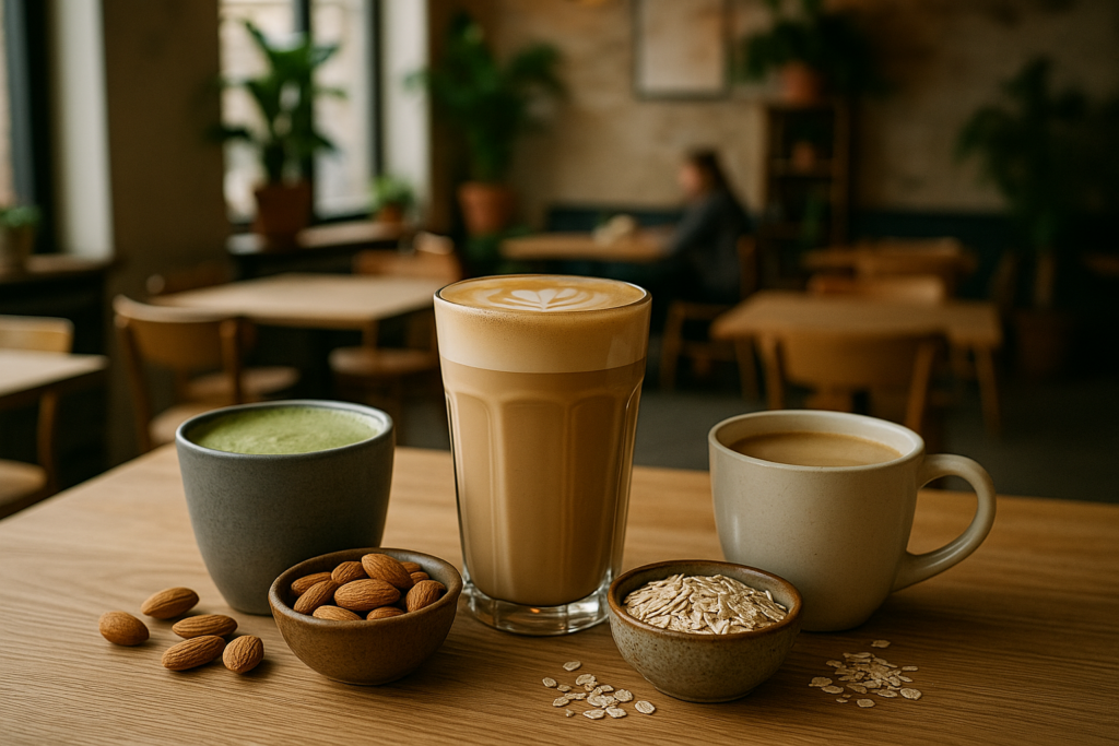 Illustration af café med plantebaserede drikke
