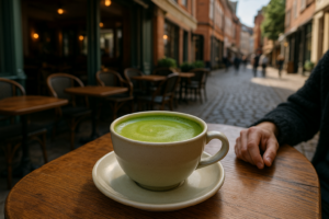 Illustration af matcha café i midtbyen