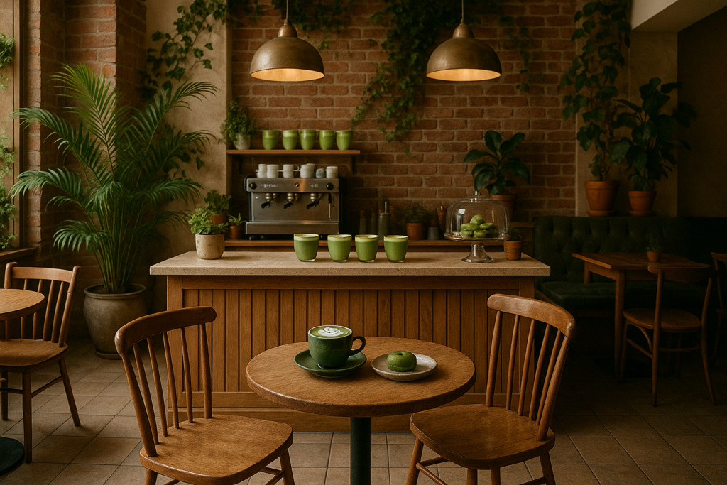 Illustration af matcha café stemning