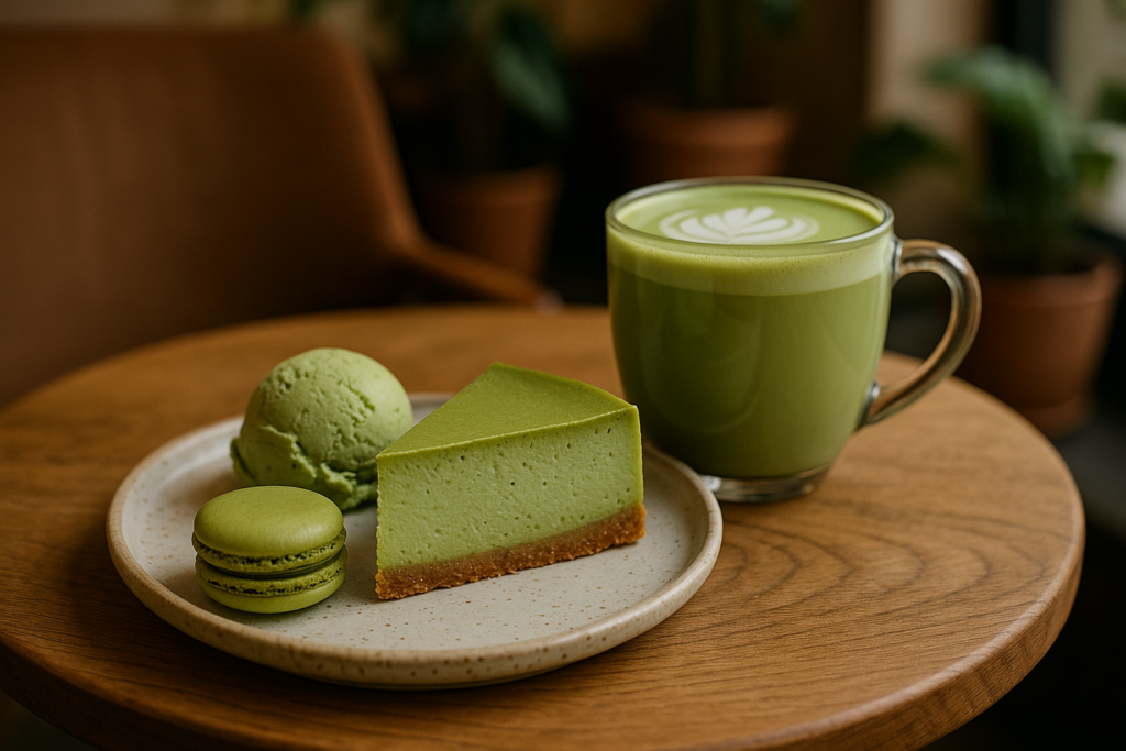 Illustration af matcha dessert café