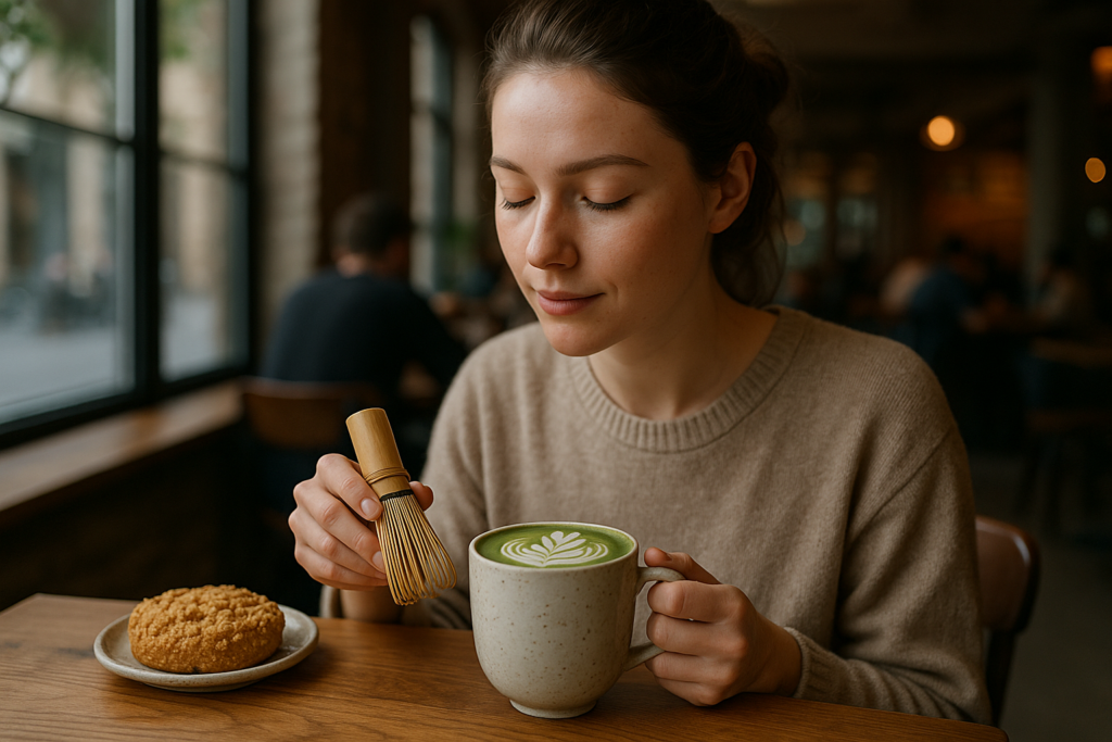 Illustration af matcha event café