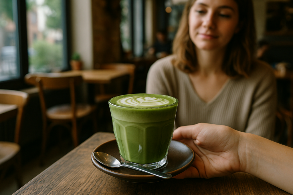 Illustration af matcha i moderne café