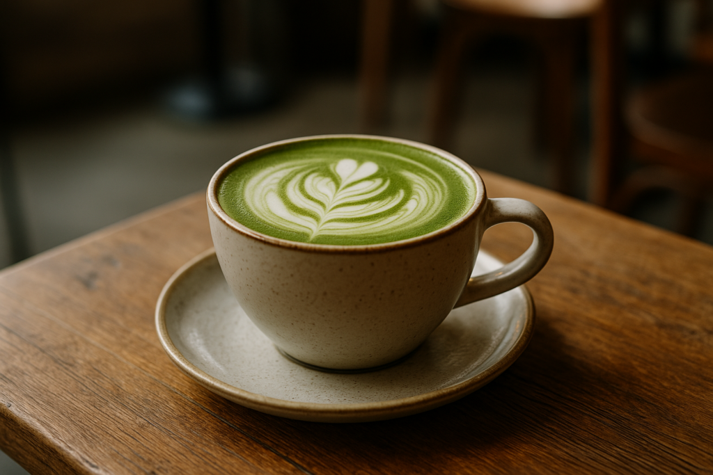 Illustration af matcha latte med plantedrik