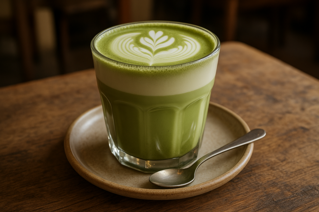 Illustration af matcha latte opskrift café
