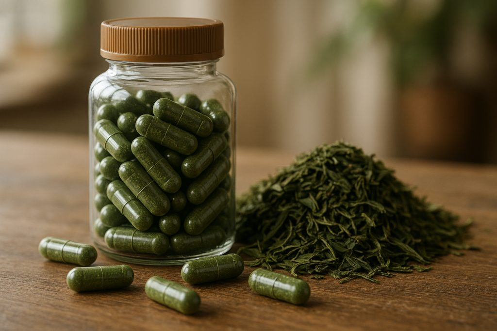 Illustration af grøn te kapsler