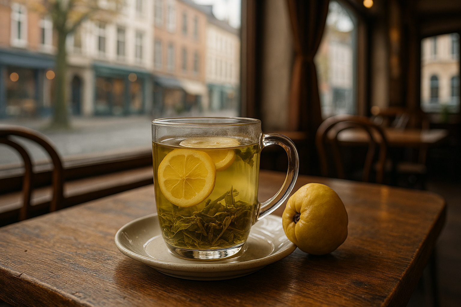 Illustration af grøn te med kvæde